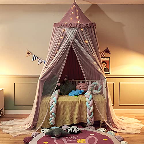 Vethin Bed Canopy For Kids With Lights,Double Layer Princess Round Dome Children Dreamy Mosquito Net Bedding Girls Room Castle Play Tent Hanging House Decor Reading Nook Canopies(Jujube Red/White) #TOP3