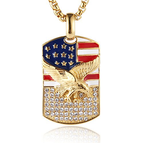 HZMAN Men's 18k Gold Plated Stainless Steel 3D Eagle American Flag Dog Tag CZ Pendant Necklace (Dog Tag - B)