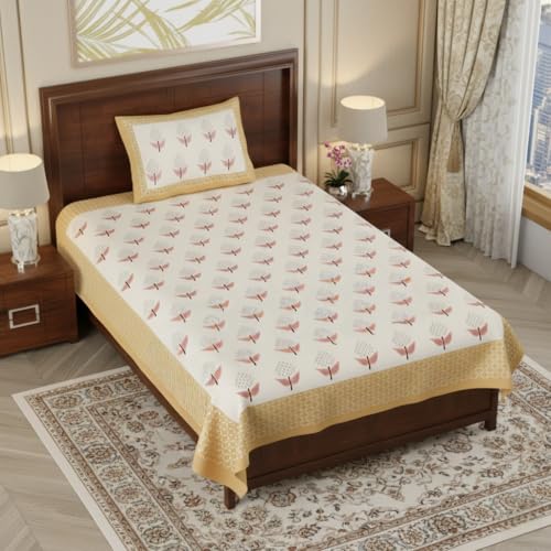Image of Pure Cotton Single Bedsheet with 1 Pillow Cover, 220 TC Premium Jaipuri Bedsheet for Single Bed | 60x90 Inch - Multicolor Floral Print (Multicolor 1)