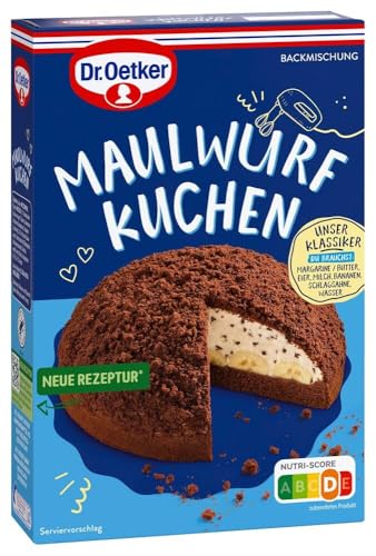 Dr. Oetker Maulwurf-Kuchen 5er Pack, 5 x 435 g, Kuchen-Backmischung für Rührkuchen mit Sahnecreme, Schokoladenflocken & Banane, Maulwurfkuchen Teigmischung