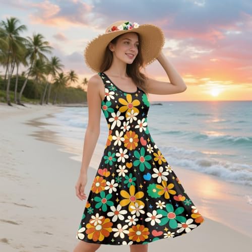 Image of Women Stylish Tank Dresses Sleeveless Round Neck Midi Casual Dress with Pocket for Summer