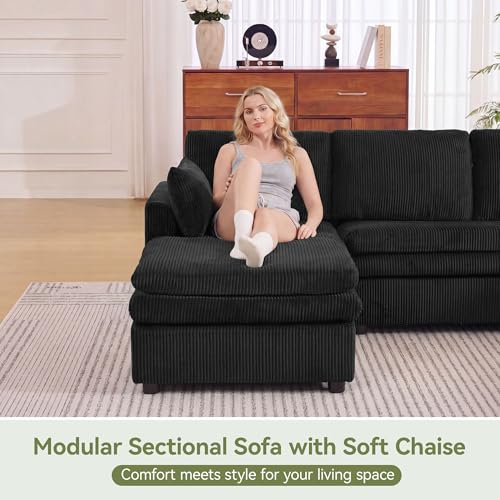 Image of 85 inch Sectional Couches with Left Chaise, Comfy Deep Dual-Layer Cushion Couch, 4 Seater L Shaped Couch, Modern Modular Sofa, Corduroy Sofas for Living Room, Apartment, Black