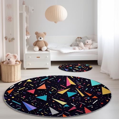Alfombra Redonda para Sala de Estar 90 cm, Abstracto Geométrico Arte Digital Imprimir Pelo Corto Franela Alfombra Redonda - Negro Antideslizante Lavable Alfombras para Dormitorio