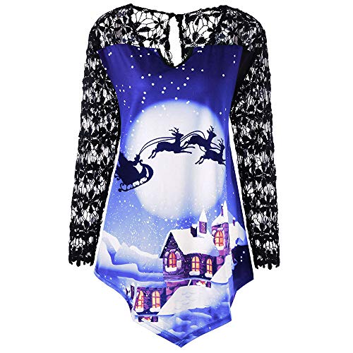 Ladies t shirtcamiseta Basica Manga largablack Long Sleeve t shirtJUTOO Women Merry Christmas Plus Size Printed Lace Patchwork Asymmetrical T-Shirt Tops Dark Blue