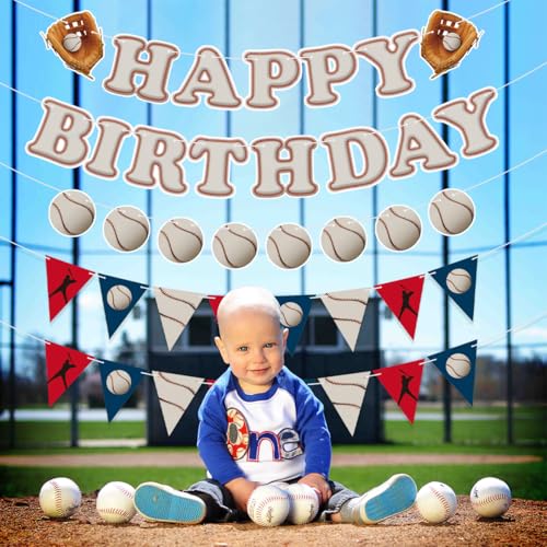 Image of Pre-Strung Baseball Happy Birthday Banner, Baseball Themed Birthday Party Decorations Hanging Banner, Sports Party Decorations Supplies
