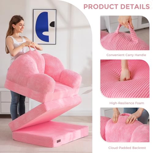 Image of MAXYOYO Folding Sofa Bed, Floral-Shaped Convertible Floor Sofa Couch with Backrest, 2 in 1 Comfy Lounger Bean Bag Chair with Handle, Floor Single Couch for Living Room Bedroom, Pink