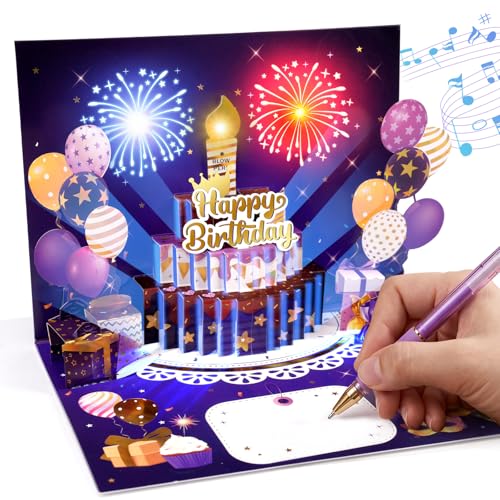 Pop Up Kuchen Geburtstagskarten mit Musik und Feuerwerk Licht 3D Happy Birthday Karte Geburtstag Geschenke für Frau Männer Freundin Mann Frauen Jungen Mädchen