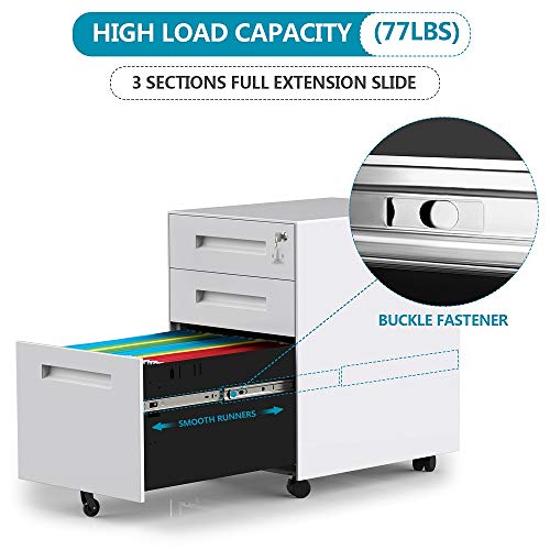 3 Drawers Mobile File Cabinet With Lock, Under Desk White File Cabinet With Wheels, Fully Assembled #TOP3