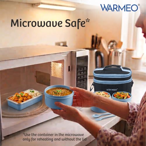 Image of WARMEO Micro Meal Microwave Safe Lunch Box | 1 Rectangular Container 600ml + 2 Round Containers 350ml Each + 2 Round Container 250ml Each + 1 Spoon + 1 Fork,Stylish Durable Jacket,Office,School,Blue