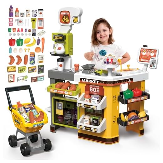 deAO Supermercado Juguete con Carrito Compra, Caja Registradora con Scanner y Lector de Tarjeta, Tienda Infantil Incluido 65PCS Accesorios Fruta, Jugar Dineroetc etc. para Niños a Partir de 3 años