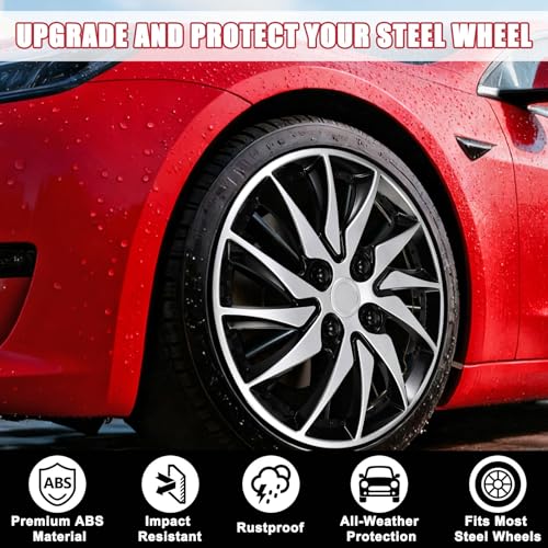 Image of 14 inch Hubcaps Set of 4, Silver Black Racing Sport Wheel Covers, Universal Fit 14 inch ABS Snap-On Hub Caps for Car Sedan SUV Truck, Car Replacement Exterior Accessories