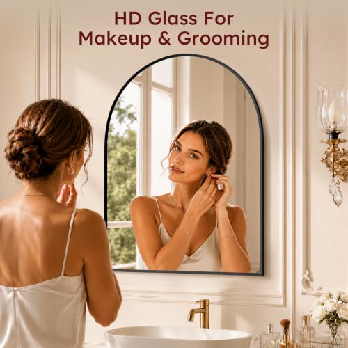 Image of 31 inchx32 inch Arched Black Bathroom Mirror - Metal Framed with HD Shatter-Proof Glass, Wall-Mounted for Over Sink, Entryway, Living Room, Bedroom