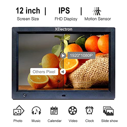Image of XElectron 12 inch IPS Digital Photo Frame with Motion Sensor, HD Display, Auto Rotate, Play Photos, Videos, Music and Slideshow with SD Card, USB Ports and Remote (Black)