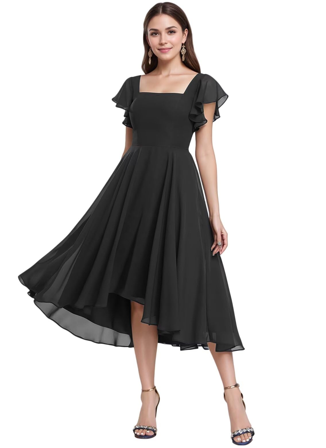 Ibpdea Tea Length Chiffon Bridesmaid Dress Sqaure Neck Formal Party Dresses with Short Sleeve