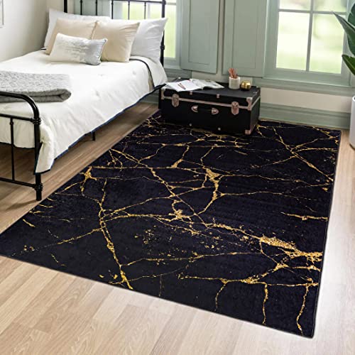 ASPMIX Runder Teppich 120 Cm – Kunstwolle, Rutschfest Mit Marmor-Design In Schwarz-Gold