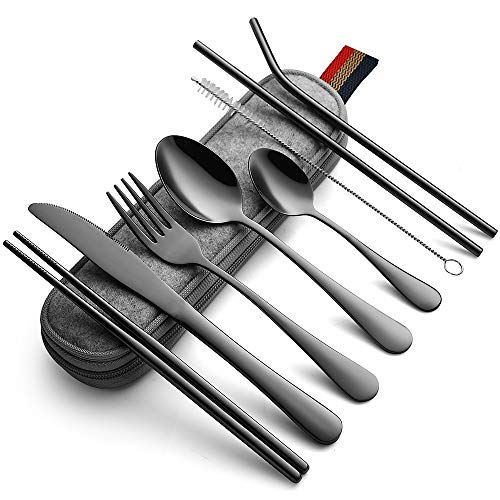 Veedv Reusable Utensils with Case, 9-Piece Portable Travel Camping Silverware Set, Stainless Steel