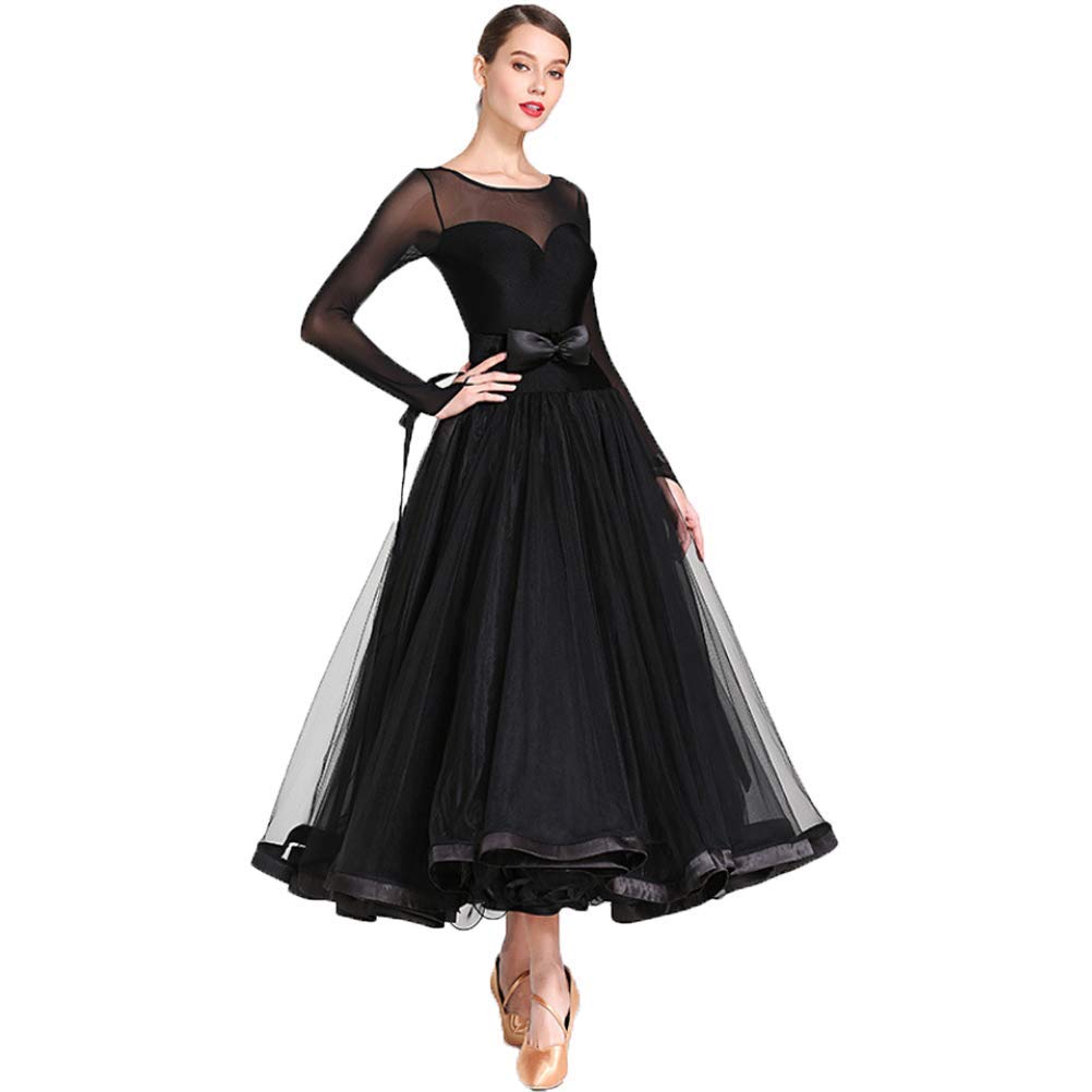 Sukienka do tańca dla kobiet, z okrągłym dekoltem, z długim rękawem, strój do tańca, salsa, z wstawkami z siateczki, kostium tango, z fantastycznym zamachem