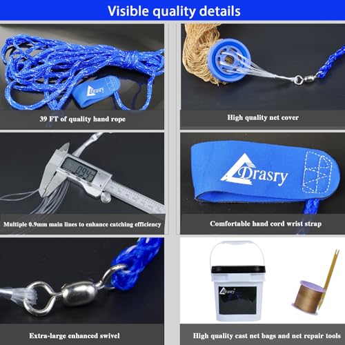 Drasry Saltwater Fishing Cast Net for Bait Trap with Heavy Sinkers Fish Throw Net. Size 3ft/4ft/5ft/6ft/7ft/8ft/9ft/10ft Radius Freshwater Nets