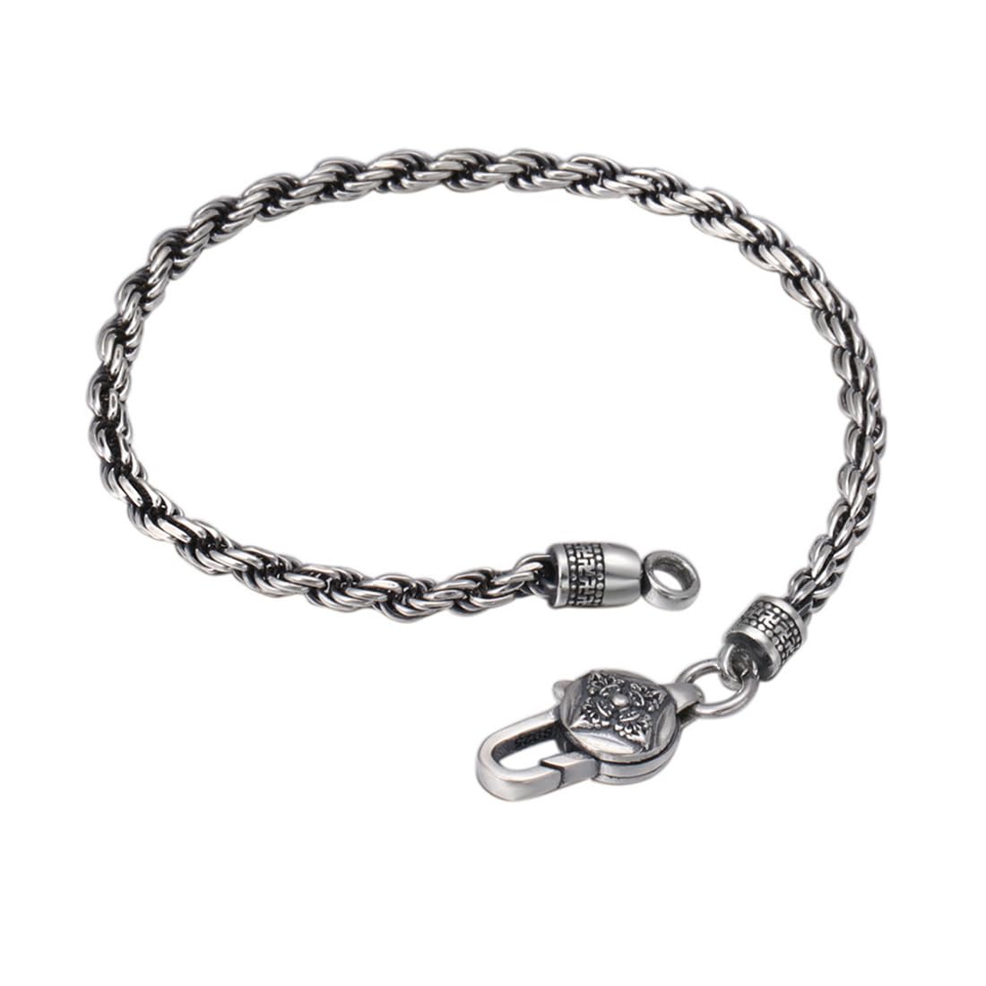 TYMONT S925 Sterling Silver Six Character Truth Twisted Rope Bracelet, Men's And Women's Vintage Couple Vajra Pestle Bracelet,Silver,21cm