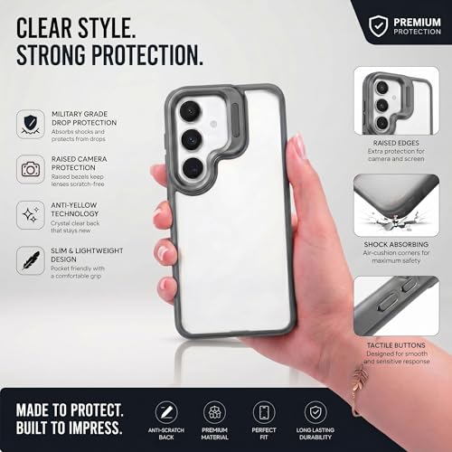 Image of amazon basics Frosted Matte Case for Samsung Galaxy S24 5G | Built-in Flip-Out Camera Lens Stand | Translucent Back with Contrast Gray Bumper | Shockproof Protective Cover with Foldable Kickstand