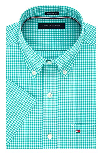 Tommy Hilfiger mens Short Sleeve Button-down Dress Shirt, Turquoise, 14.5 Neck US