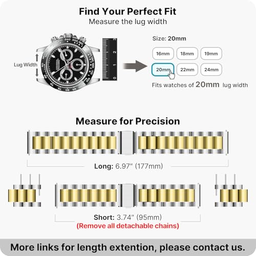 Image of Fullmosa 20mm Stainless Steel Watch Band, Quick Release Metal Replacement Strap with Removable Links, Includes Spring Bars & Link Removal Tool for Men Women (Silver+Golden)