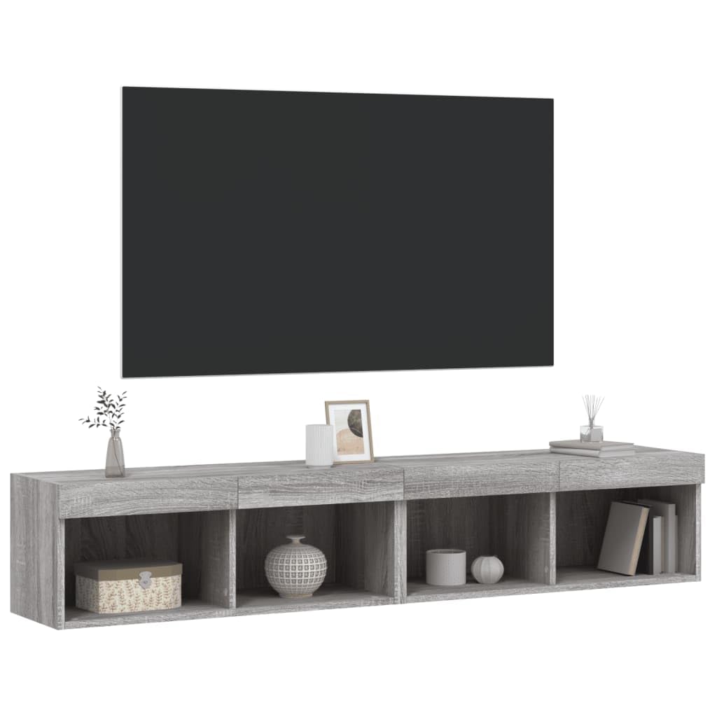 Juego de 2 armarios de TV con luces LED, gris Sonoma, 80 x 30 x 30 cm, montaje en pared, espacio de almacenamiento para salón, madera resistente