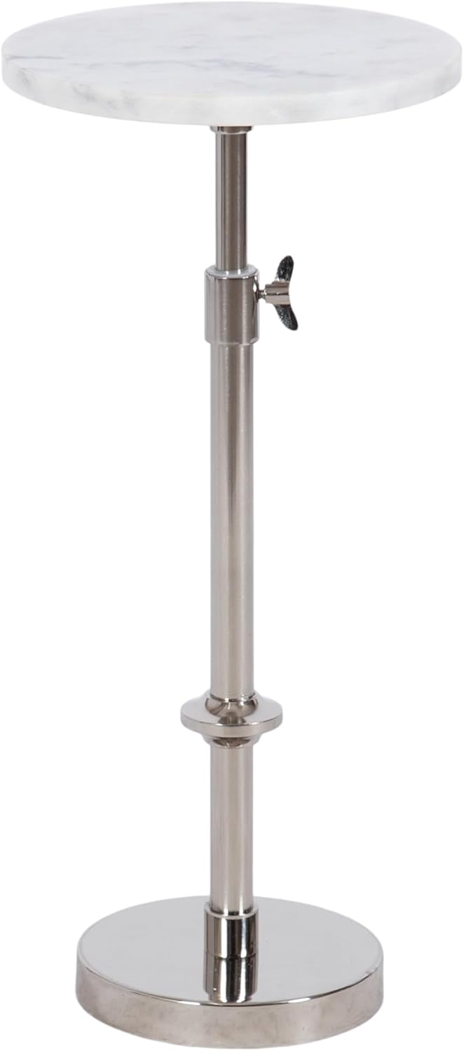 Kate and Laurel Engles Traditional Adjustable-Height Pedestal Drink Table, 10 x 10 x 30, White Marble and Silver Chrome, Vintage Round Indoor Metal Plant Stand with Authentic Marble Tabletop