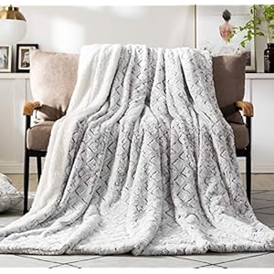 DaDa Bedding Luxury White Faux Fur Throw Blanket – Dreamy Milky Way Cloud Purple Undertone Embossed Sherpa Backside…