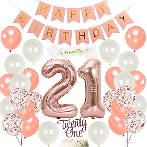 21st Birthday Decorations - Rose Gold 21 Balloon Number, Cake Topper and Sash, Confetti Balloons, Happy Birthday Banner for Girls 21st Birthday Party Supplies