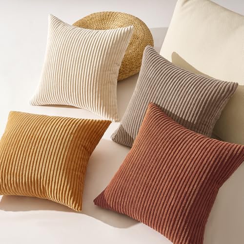 Image of Topfinel 20x20 Inch Pillow Covers Set of 4 Rustic Modern Soft Corduroy Striped Decorative Cushion Cover Yellow Brown Gradient Farmhouse Pillow Case for Sofa Couch Living Room Bedroom