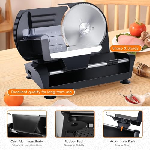 200W Electric Meat Slicer Machine for Home, Bread Slicer with 2 Stainless Steel Blades, Adjustable Thickness (0-20mm), Non-Slip Food Cutter for Meat, Cheese, and Vegetables - Image 6
