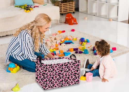 Image of Essme Rectangular Baskets,Pink Storage Basket with Handles for Room Decor, Leopard Print Box,Cute Storage Bin(Pink leopard print)