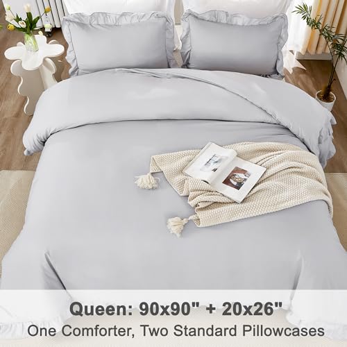 Image of Litanika Light Grey Queen Comforter Set, 3 Pieces Ruffle Farmhouse Aesthetic Bedding Comforter Set, All Season Soft Lightweight Fluffy Microfiber Bed Set(90x90In Comforter, 2 Pillowcases)