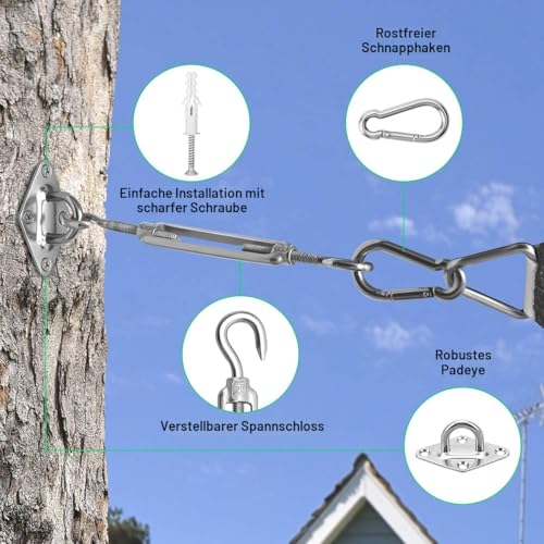 Sonnensegel Befestigung Set Zubehör 304 Edelstahl Sonnensegel Befestigungsset sonnensegel Spanner Montage Aufbau für Viereck und Dreieck Garten, Awnings Mounting Assembly 5