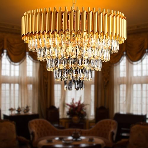 Image of DREAMY DESIGNS Chandelier Lights for Ceiling Gold 600MM 5-Tier K9 Crystal Chandeliers for Living Room with LED Plate Included Ceiling Light for Hall Modern Jhumar Designer Bedroom and Dining Room
