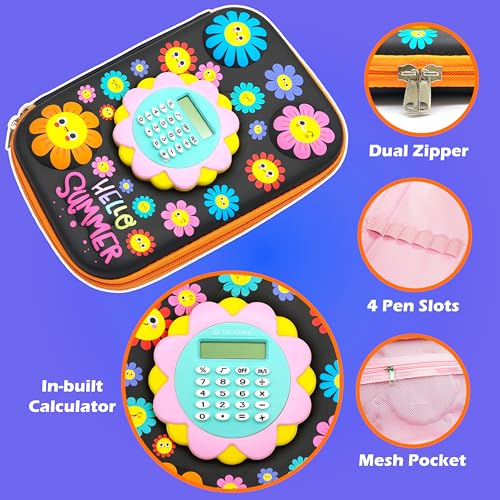 Image of VGRASSP Sunflower Theme Stationery Pencil Case for Kids with Mini Calculator - 3D EVA Zipper Pouch with Multi Storage Compartments - Fun School Stationery Organizer - Multicolor