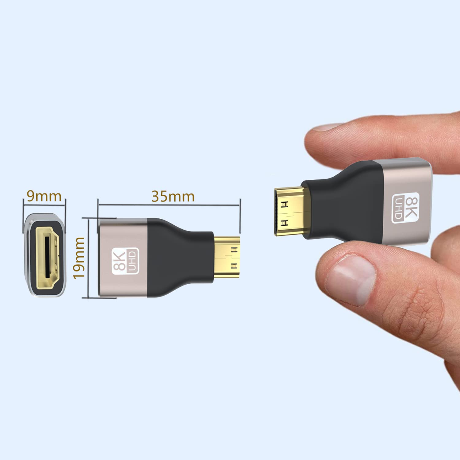 8K HDMI-verlengkabel, korte HDMI 2.1-stekker naar bus, 90 graden hoekkabel, high-speed 48 Gbit/s extender-adapter, ondersteunt 8K @ 60 Hz, 4K @ 120 Hz (down) (links
