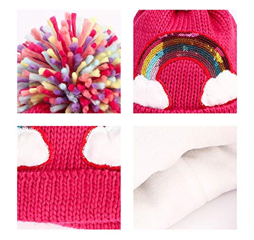 Little Girls Winter Sequin Rainbow Beanie Hat with Pom Pom Knit Cap for Kids Baby Toddler4