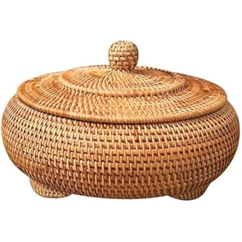 Canasta de almacenamiento de mimbre con tapa, caja de ratán redonda con tapa, cesta de ratán de 8.7x4 pulgadas, canasta redonda tejida a mano, caja decorativa de escritorio para la cocina de la granj