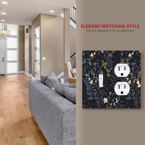 Decorative Outlet Covers Rustic Navy Dark Blue Leaves Golden Floral 2 Gang Outlet Cover Wall Plate Single Toggle Duplex Light Switch Cover Plate Switch Plate Covers for Bedroom Decor