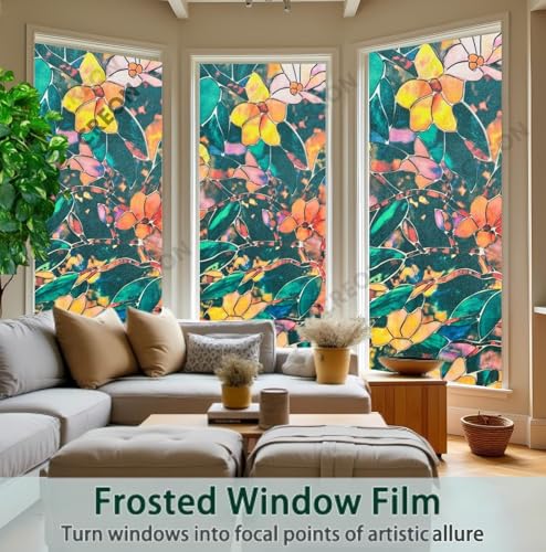 Image of CREON Frosted Privacy Window (24 X 250 Inch) Film with Flower Pattren & Stained Glass Design, Adhesive-Free for Home, Bathroom & Office