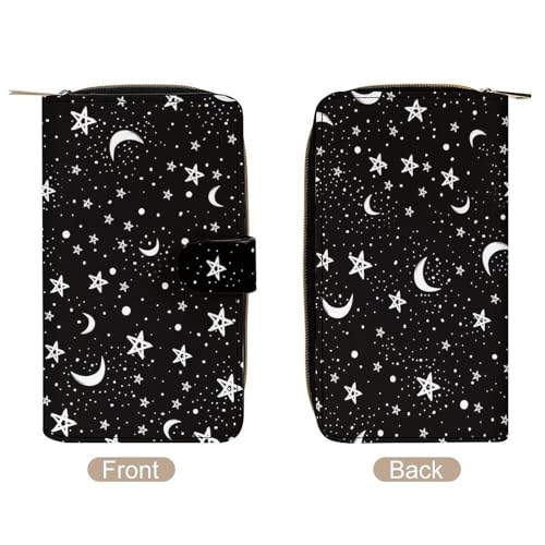 Black White Moon And Star Pattern Leather Wallets Large Capacity Zipper Pocket Card Holder with ID Window, 19.7x11x3.5cm, style3