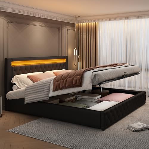 ECLIVON Cama Tapizada Camas Matrimoniales 180x200 con Luces LED Cabecero, Estructura de Cama Doble con Espacio de Almacenamiento Hidráulico, Camas Somier con Láminas Madera, Sin Colchón, PU, Negro