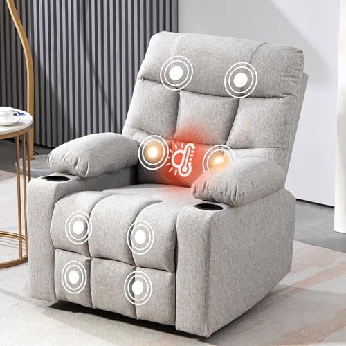 BRTHORY Sillón Relax Reclinable 150°, Sillón de Masaje con Calefacción Lumbar, Reposapiés Extensible, 2 Portavasos, 1 Bolsas de Almacenaje, Giro de 360, Función de Balanceo