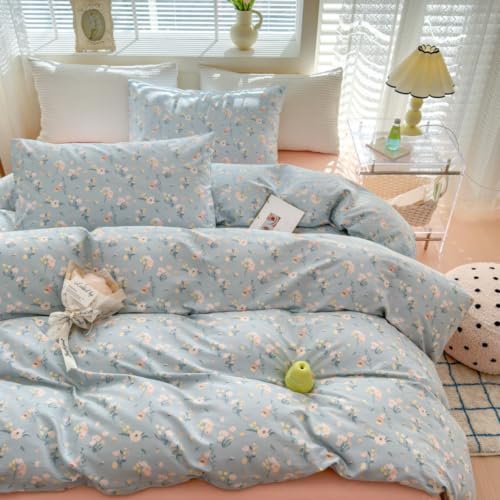 Freyamy Blumen Bettwäsche 135x200 Blau Rosa Floral Aesthetic Bettwäsche Set – Ansicht 1