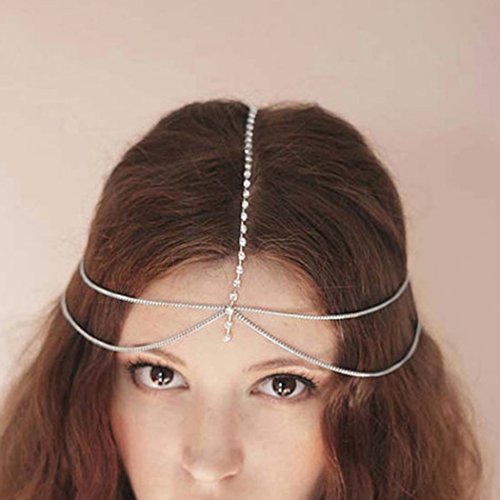 Simsly Silver Head Chain Jewelry Rhinestone Festival Halloween Prom Costume Hair Accessories Fashion Headbands Headpieces for Women and Girls (Silver)