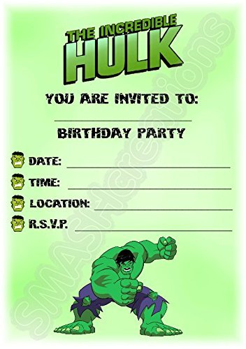 A5 Kids Childrens Superhero Party Invitations X 12 - The Hulk (Without Envelopes)