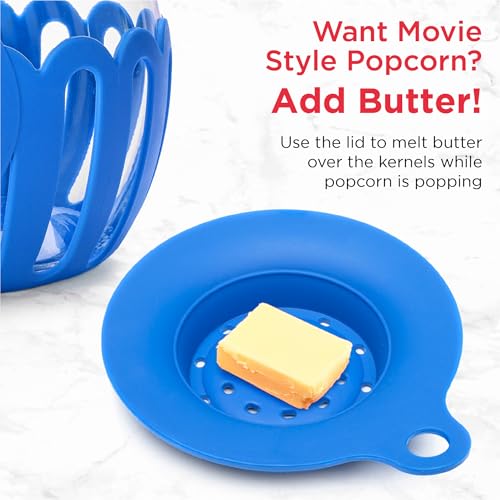 Ecolution Patented Micro-Pop Microwave Popcorn Popper with Temperature Safe Glass, 3-in-1 Lid Measures Kernels and Melts Butter, Made Without BPA, Dishwasher Safe, 1.5-Quart, Blue
