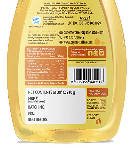 Image of Organic Tattva Sesame Oil 1 Litre | Unrefined Cold Pressed Cooking Oil | Pure Sesame Seed Oil | Suitable for Everyday Cooking (Pack of 2)